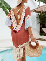Backless Tassel Hem V-Neck Cover-Up