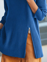 Ribbed Turtleneck Sweater with Side Slit Detail