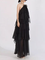 Ruffled Chiffon Halter Neck Maxi Dress