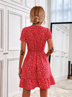 Printed Ruffled Hem V-Neck Short Sleeve Mini Dress