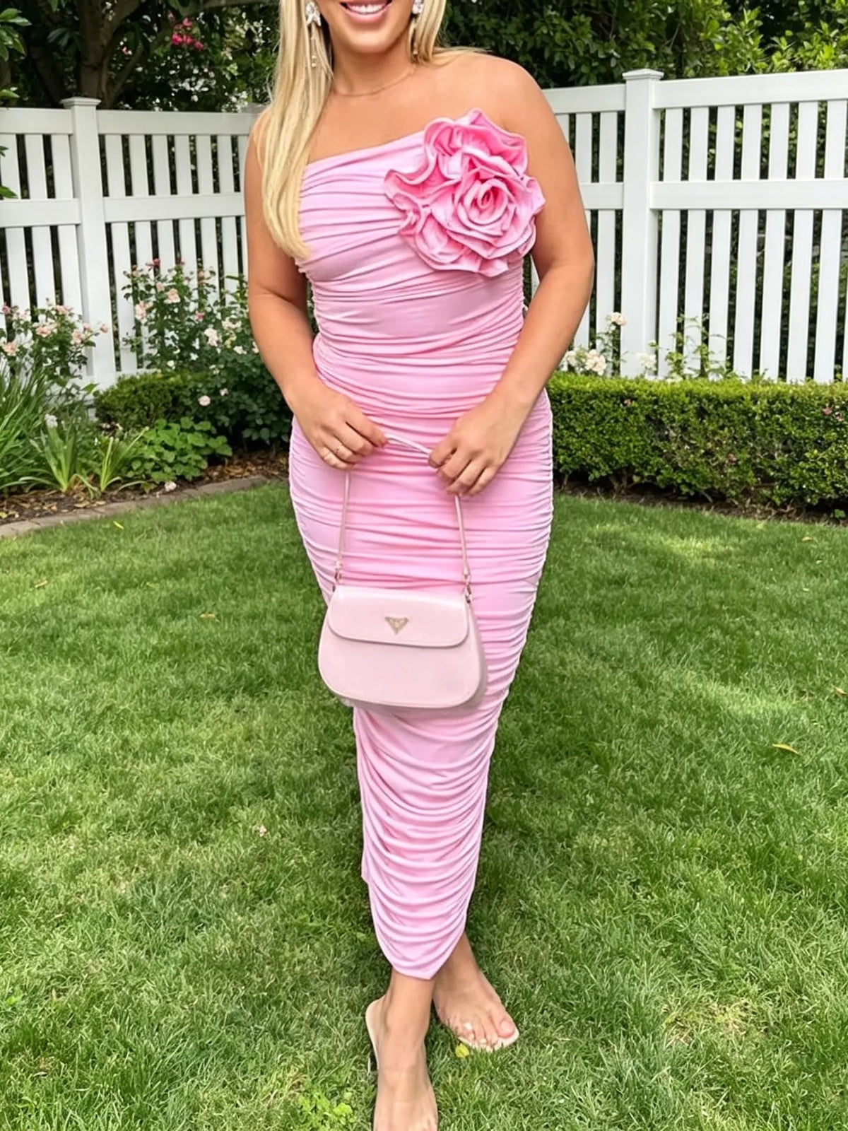 Flower Ruched Tube Bodycon Midi Dress