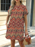 Printed Round Neck Short Sleeve Mini Dress