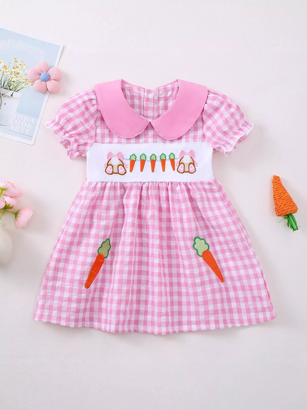 Children's Gingham Bunny & Carrot Embroidered Peter Pan Collar Smocked Dress