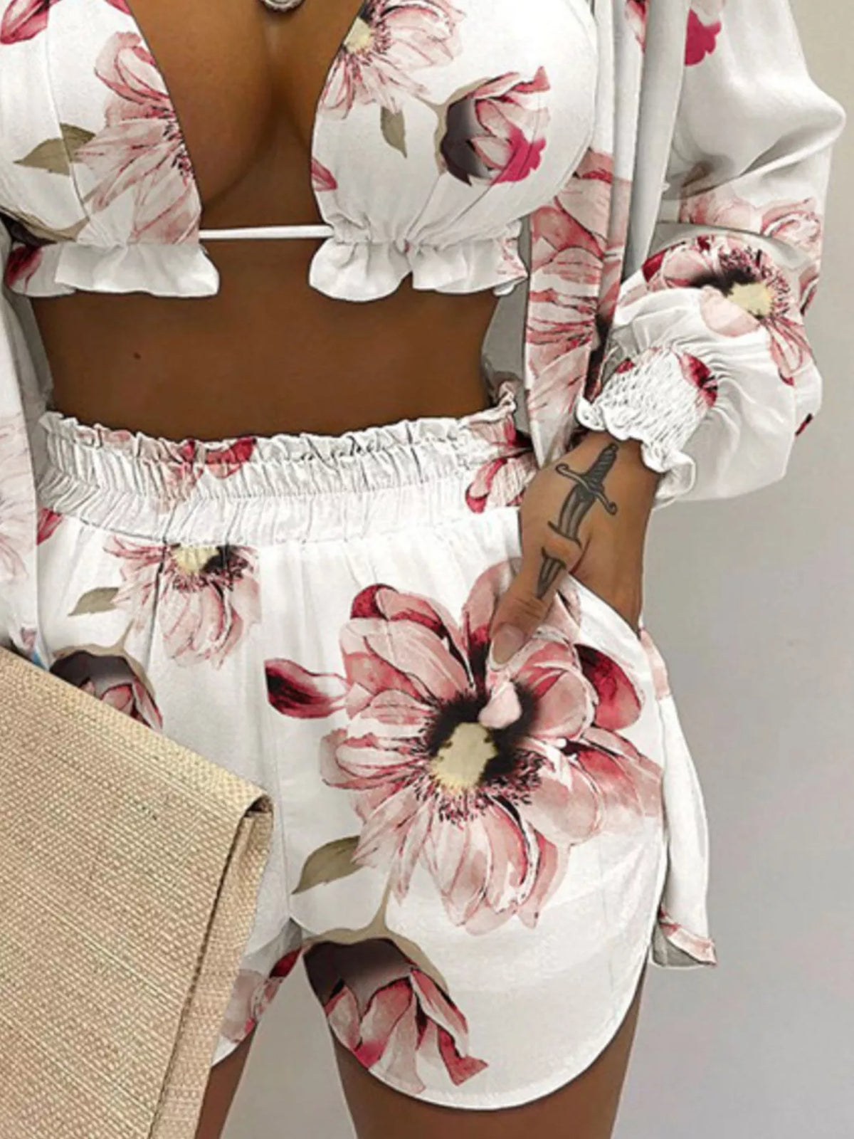 Full Size Halter Neck Cami & Shirt & Shorts 3-Piece Outfit Set Plus Size