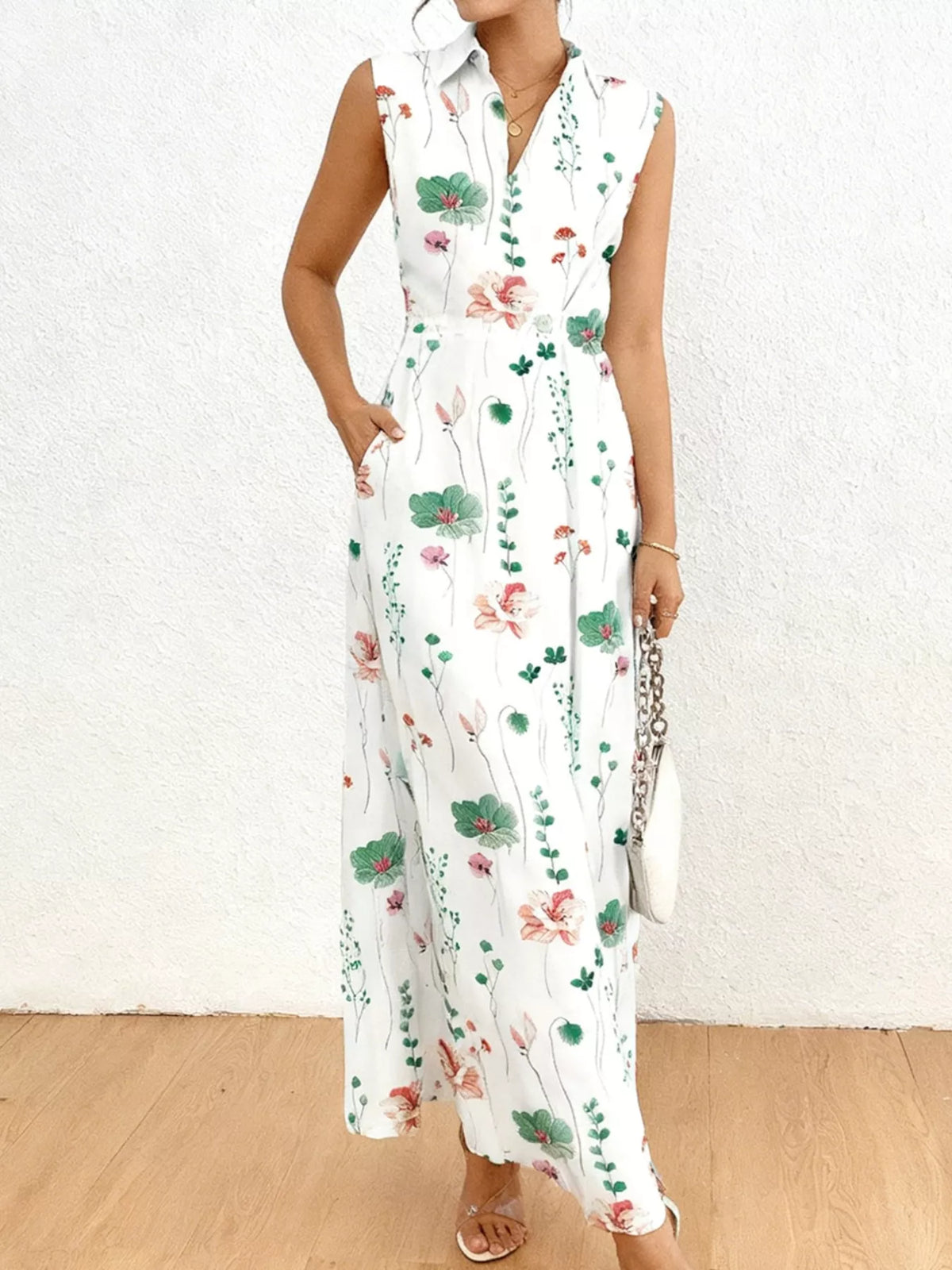Floral Print Sleeveless Maxi Shirt Dress