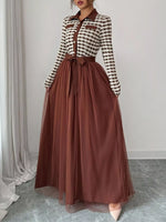 Plaid Long Sleeve Tulle Maxi Dress