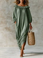 Ruffled Boat Neck Ruched Midi Dress