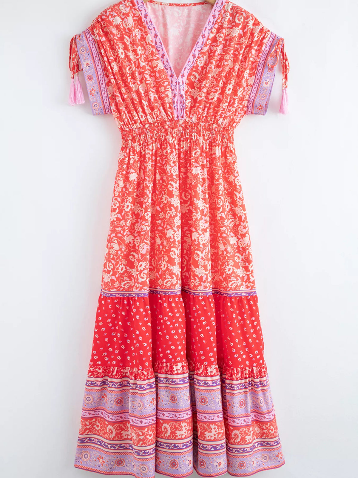 Floral Print Tasseled Tied Sleeve Empire Waist Dress