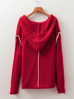 Contrast Trim Textured Knit Drawstring Hooded Sweater