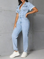 Button Front Short Sleeve Denim Jumpsuit