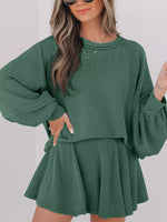 Corded Lantern Sleeve Top and High Waist Mini Skirt Set