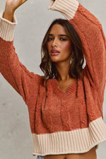 SO ME Chenille Cable Knit V Neck Contrast Cropped Sweater