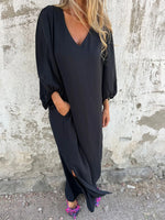 Full Size Slit V-Neck Balloon Sleeve Midi Dress Plus Size