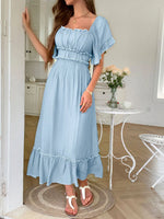 Square Neck Puff Sleeve Ruffle Trim Maxi Dress