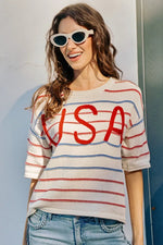 SO ME Usa Stripe Knit Short Sleeves Sweater Top