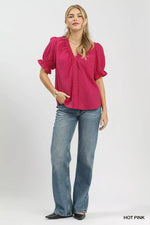 Umgee Textured Button-Front Puff Sleeve Top