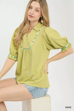Umgee Scalloped Trim Blouse with Puff Sleeves