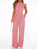 Ruffled Mock Neck Top and Wide Leg Pants Set
