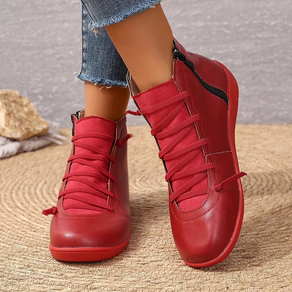 Lace-Up Faux Leather Ankle Boots