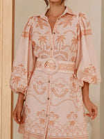 Printed Button Down Shirt Dress with Belt