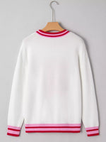 Striped Trim Bow Graphic Round Neck Drop Shoulder Sweater