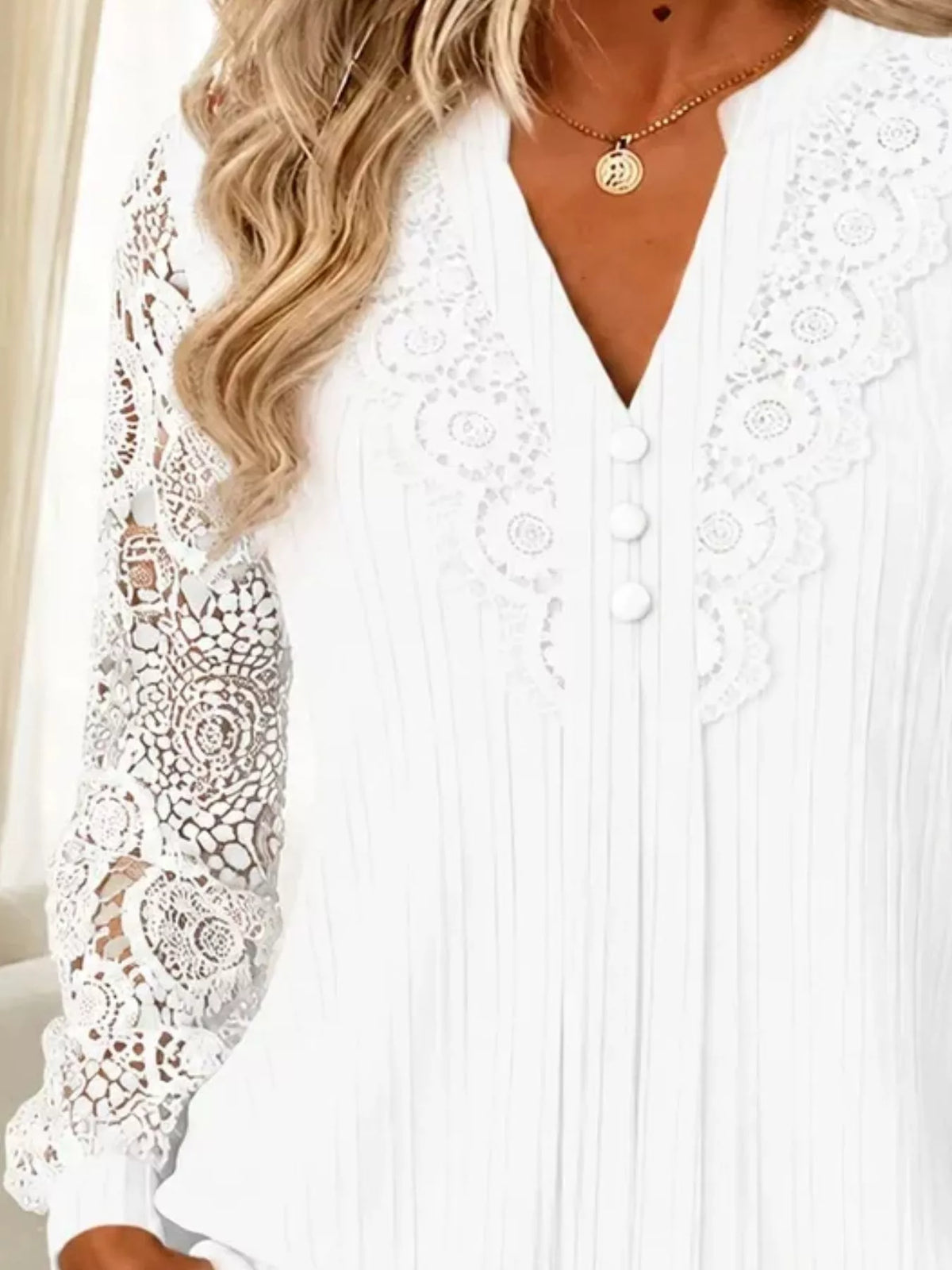 Lace Long Sleeve Notched Blouse