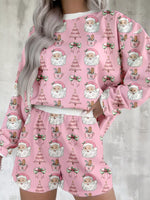Christmas Santa Print Round Neck Top and Shorts Lounge Set