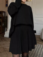 Round Neck Top and Pleated Skirt Sweater Set