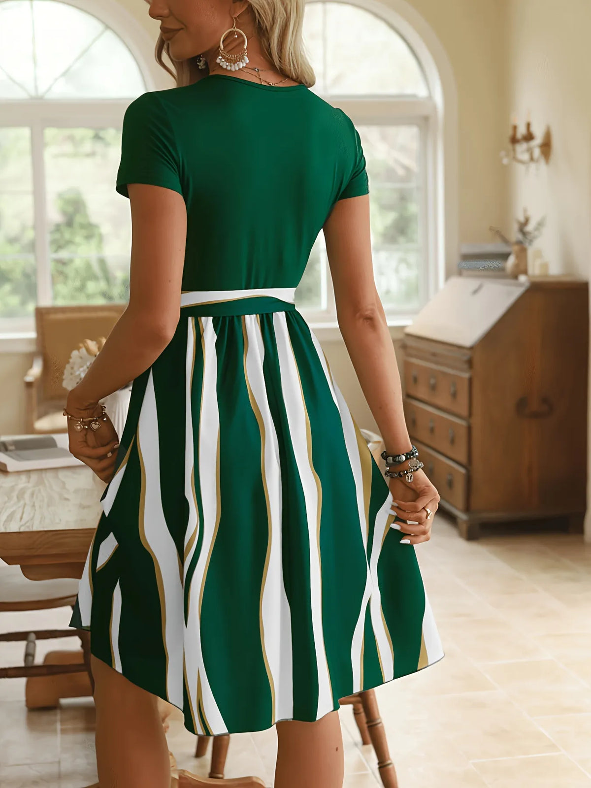 Striped Short Sleeve Tie Waist Dress
