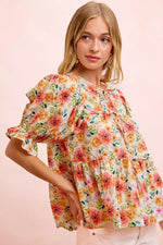 BiBi Flower Printed Shirring Detail Blouse Top