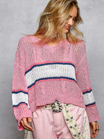 POL V-Neck Striped Pattern Cropped Knit Top with Cable Knit Detail
