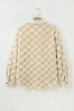 Plush Checkered Corduroy Trim Metal Button Long Sleeve Shift Silhouette Shacket