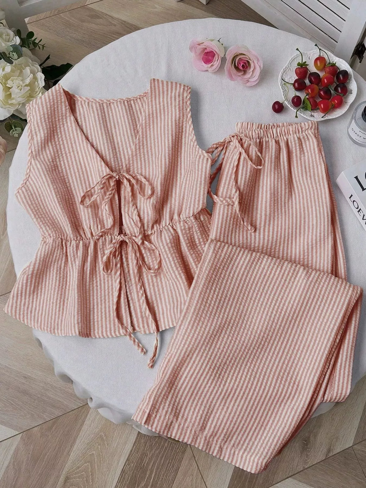 Striped Tie-Front Sleeveless Top and Pants Set
