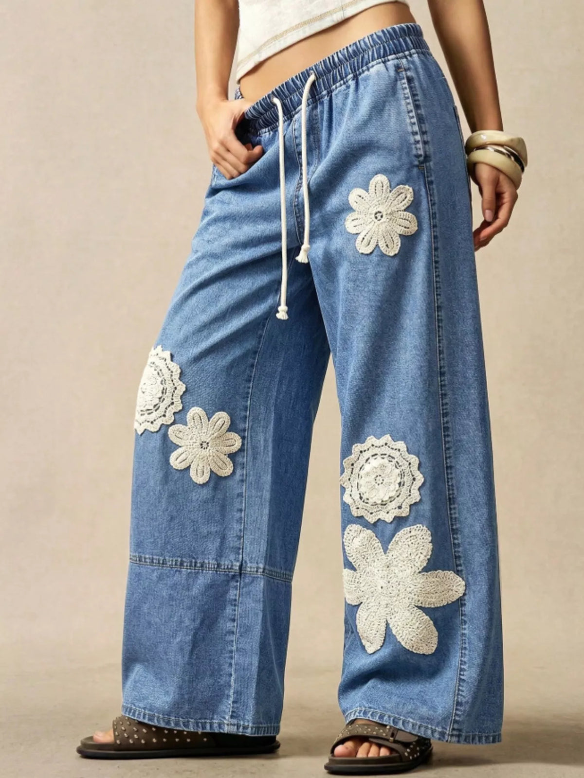Wide-Leg Drawstring Jeans