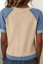 Denim Color Block Patchwork Round Neck Tee