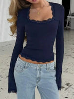 Lace Trim Square Neck Long Sleeve Top