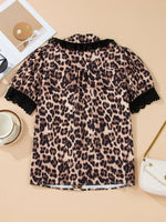 Leopard Print Lace Trim Short Sleeve Shirt