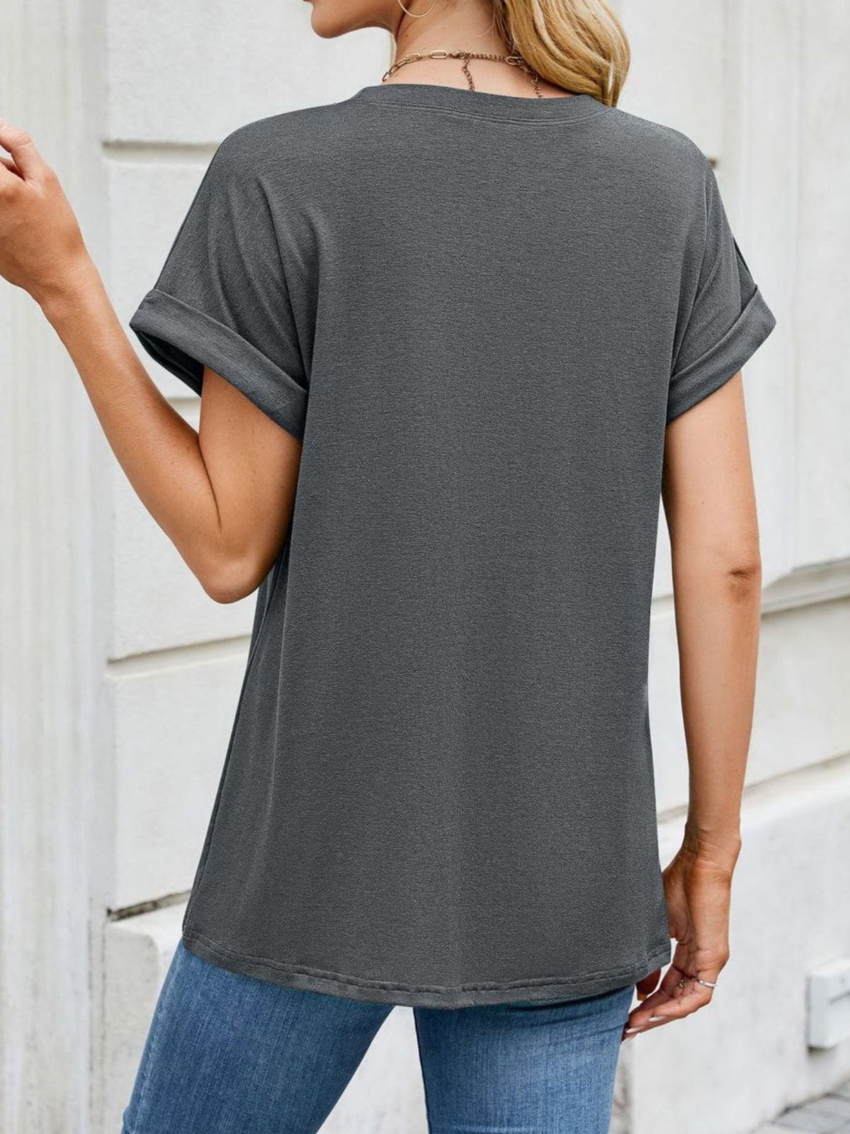 Casual Rolled Sleeve Solid Color T-Shirt