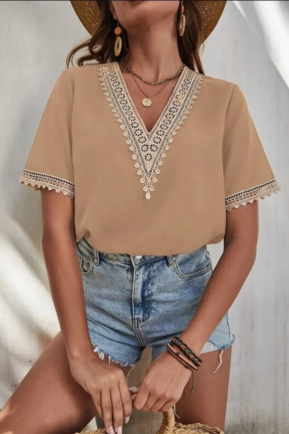 Full Size Lace Detail V-Neck Short Sleeve Blouse Plus Size