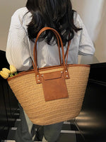 Straw Woven Shoulder Bag with Leather Accents