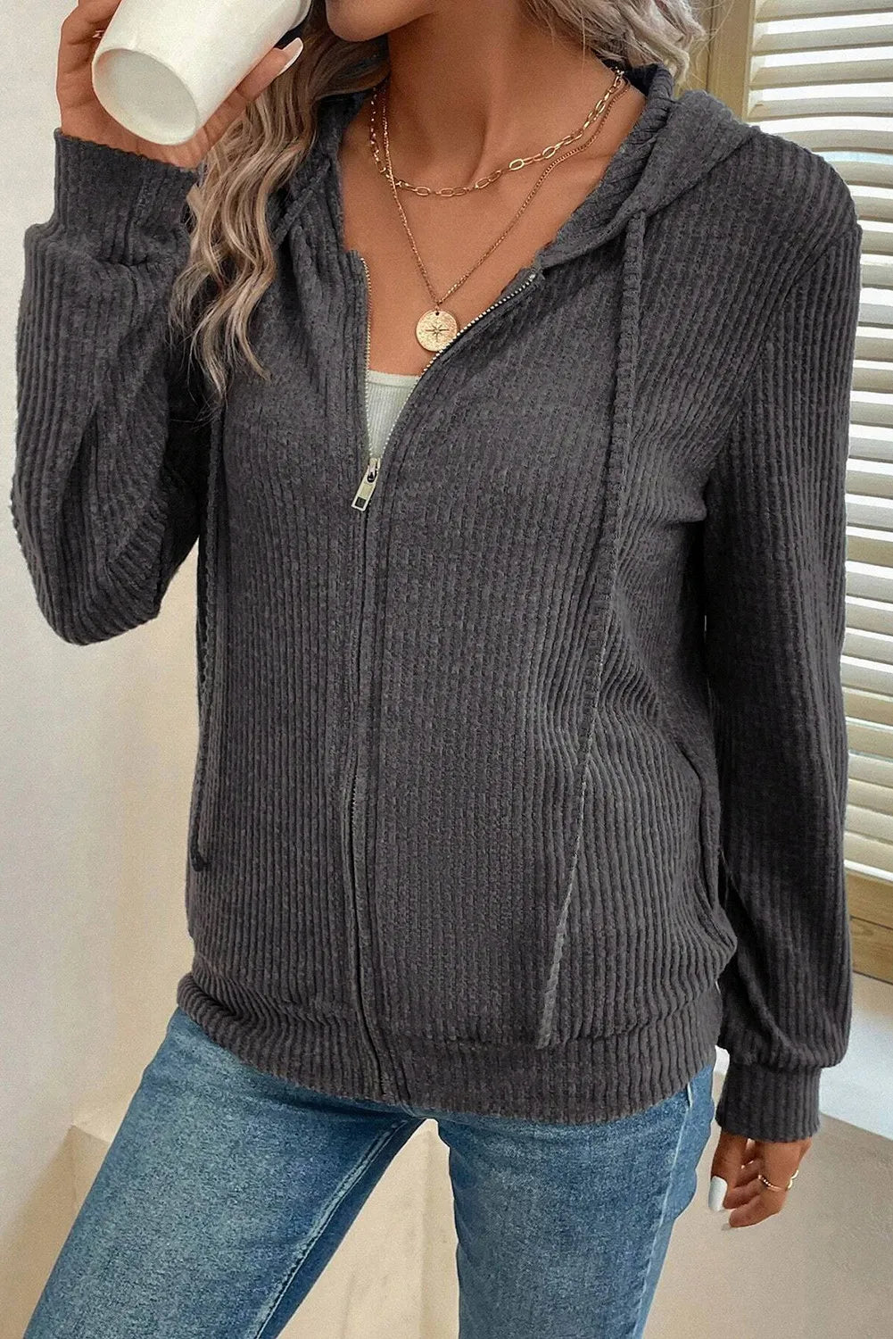 Drawstring Zip Up LongSleeve Hooded Jacket
