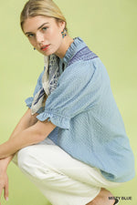 Umgee Textured Henley Blouse with Ruffle Cuffs