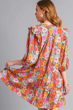 Umgee Full Size Ruffled Flower Print Tie Neck Tiered Dress Plus Size