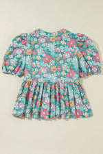 Multicolour Notched Neck Puff Short Sleeve Floral Blouse