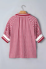 Gingham Puff Sleeve Quarter Zip Blouse