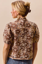 SO ME Texture Floral Mesh Top With Back Button Closure