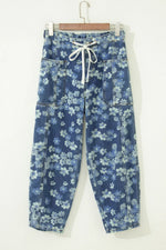 Dainty Floral Printed Drawstring Barrel Jeans
