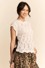 Davi & Dani Ribbon Bow Ties Scalloped Trim Knit Semi Crop Top