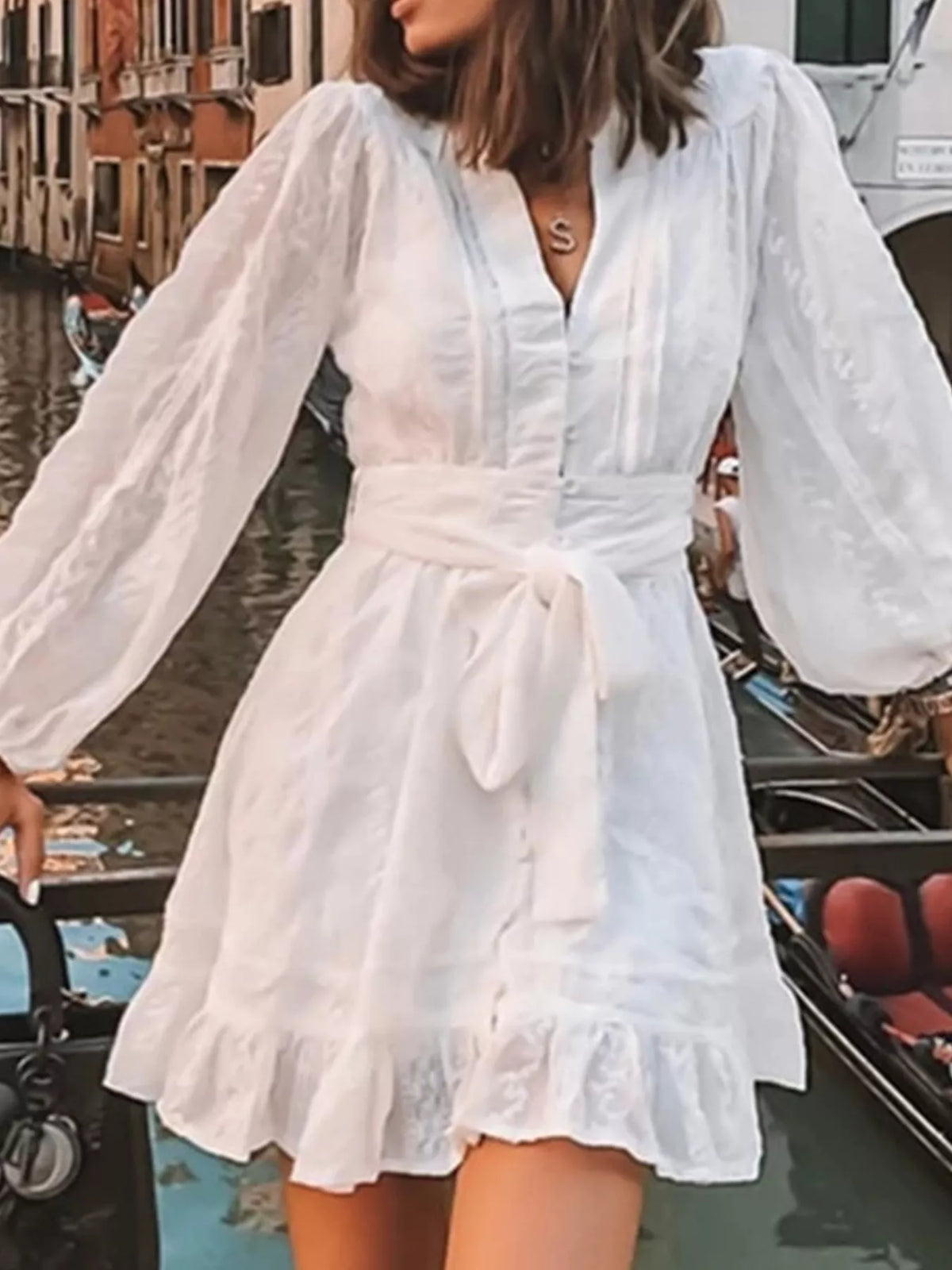 Full Size Ruffled Hem Tie Waist Long Sleeve Dress Plus Size