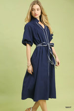Umgee Ruffle Collar Midi Dress with Stripe Trim